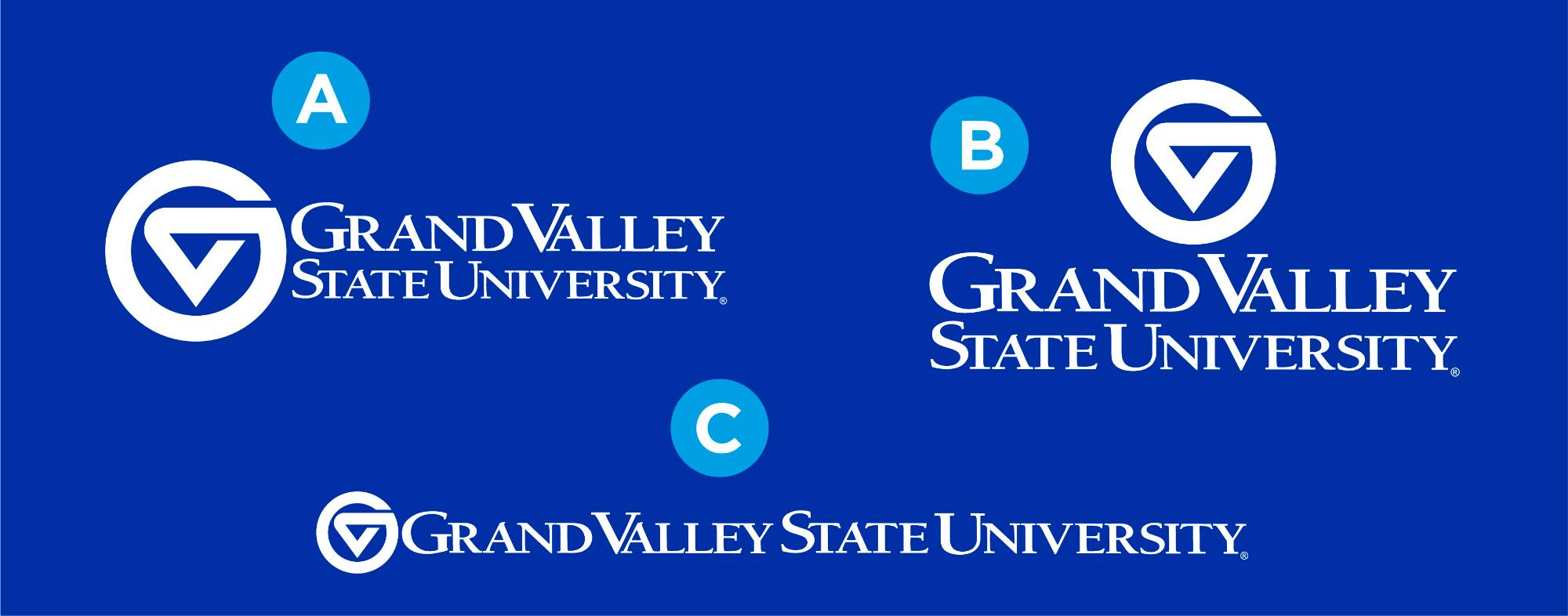Three Grand Valley logos: one markleft, one marktop, one single-line. The letter "A" is next to the markleft logo, "B" is next to the marktop logo, and "C" is next to the single-line logo.